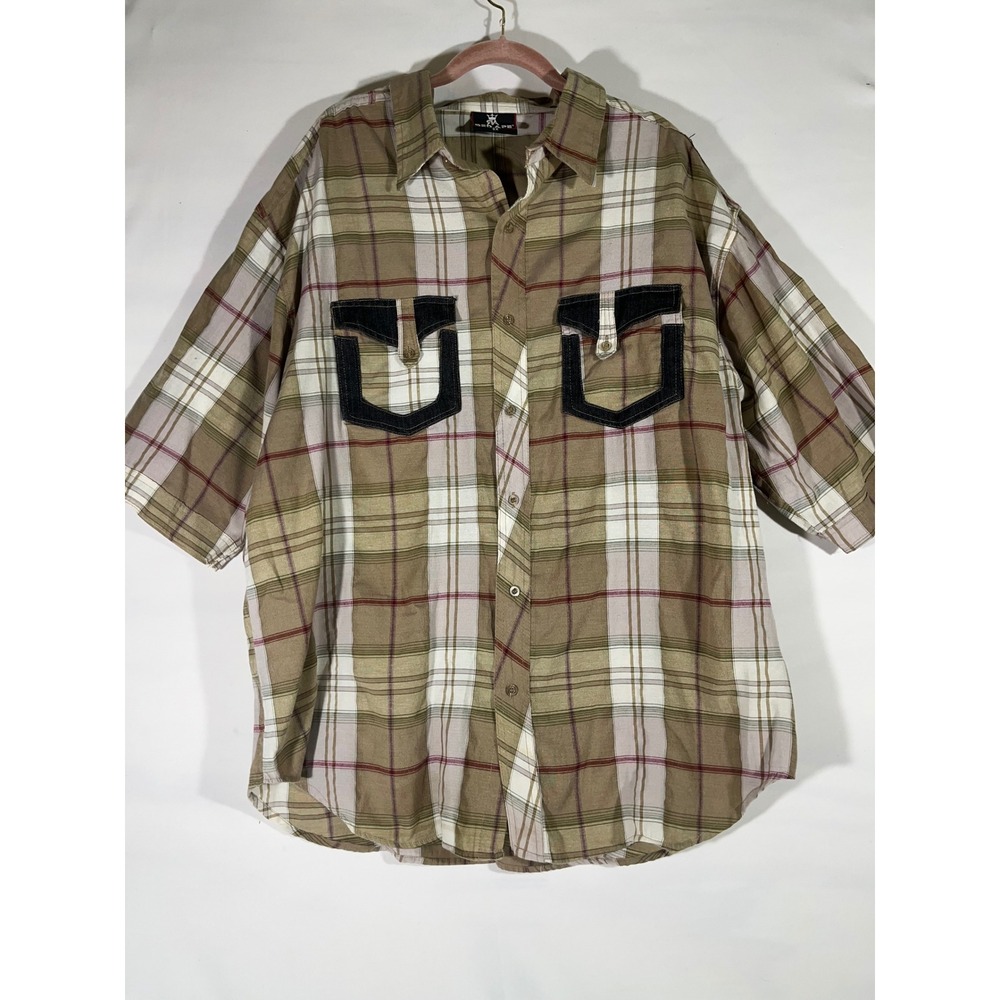 RED APE Plaid Button Up Shirt Men 3X Khaki Denim Accents World Wide Renegade
